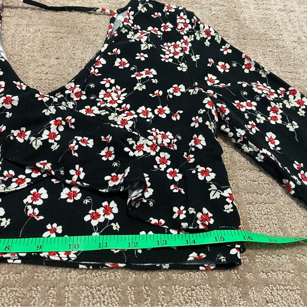 {Zara} Floral Ruffle Long Sleeve Crop Top Blouse~ Size Small - Picture 14 of 16